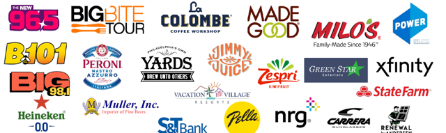 Manayunk Arts Festival 2026 event sponsors: 96.5, Big Bite Tour, La Colombe, MadeGood, Milo's, Power, B101, Peroni, Yards, Jimmy's Juice, Zespri, Green Star Exteriors, Xfinity, Big 98.1, Heineken 0.0, Muller Inc., Vacation Village Resorts, S&T Bank, Pella, NRG, Carrera, State Farm, Renewal by Andersen.